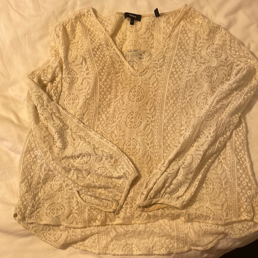 Theory V-neck white long sleeve lace crochet blouse with camisole